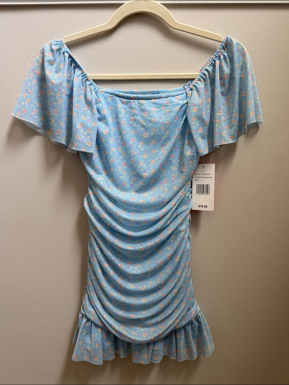 NWT With Jules Girls Blue Floral Flutter Sleeve Ruched Mini Dress size L 12/14